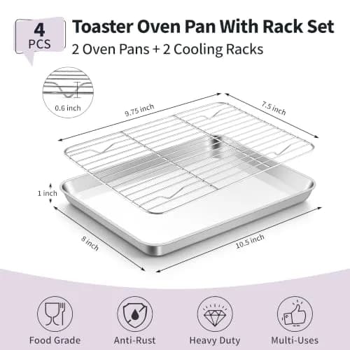 TeamFar Stainless Steel Toaster Oven Pan with Rack Set, 10.5"x 8"x 1" | Durable & Healthy Bakeware for Indian Kitchens thumbnail 2