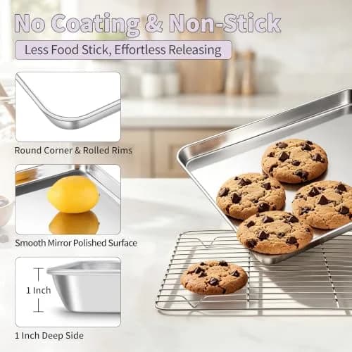 TeamFar Stainless Steel Toaster Oven Pan with Rack Set, 10.5"x 8"x 1" | Durable & Healthy Bakeware for Indian Kitchens thumbnail 3