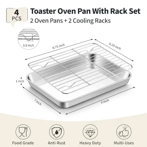 TeamFar Stainless Steel Toaster Oven Pan with Rack Set, 9"x7"x1" | Healthy, Heavy Duty & Dishwasher Safe thumbnail 2