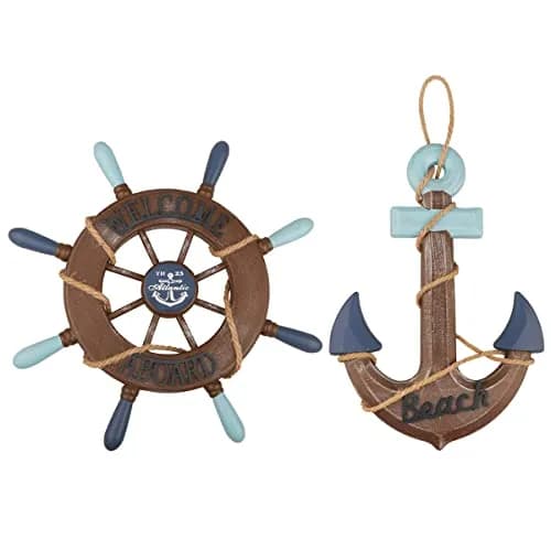 Meching Nautical Wall Art Set | 13" Wooden Ship Wheel & Anchor, Mediterranean Style, Beach Home Decor thumbnail 1