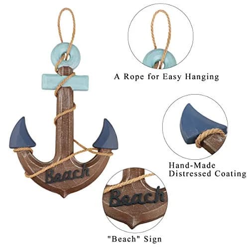 Meching Nautical Wall Art Set | 13" Wooden Ship Wheel & Anchor, Mediterranean Style, Beach Home Decor thumbnail 5
