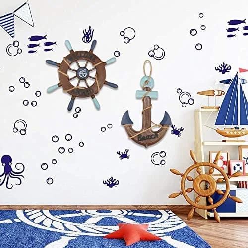 Meching Nautical Wall Art Set | 13" Wooden Ship Wheel & Anchor, Mediterranean Style, Beach Home Decor thumbnail 6