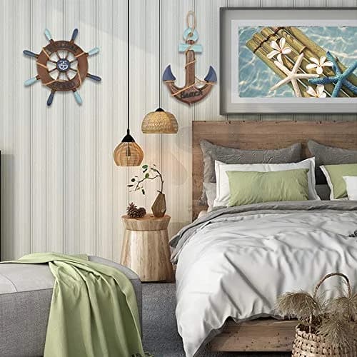 Meching Nautical Wall Art Set | 13" Wooden Ship Wheel & Anchor, Mediterranean Style, Beach Home Decor thumbnail 7