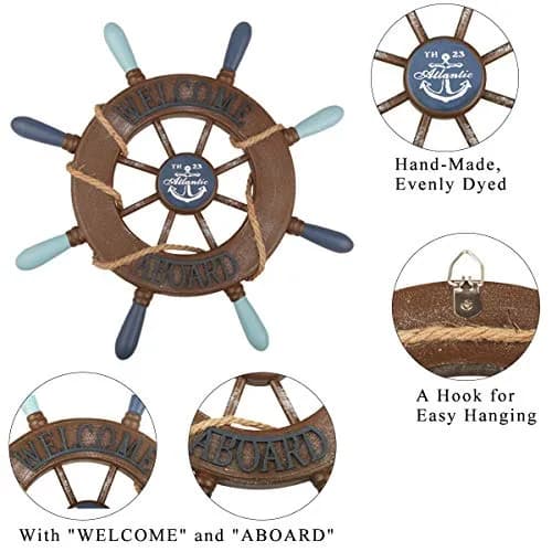 Meching Nautical Wall Art Set | 13" Wooden Ship Wheel & Anchor, Mediterranean Style, Beach Home Decor thumbnail 4