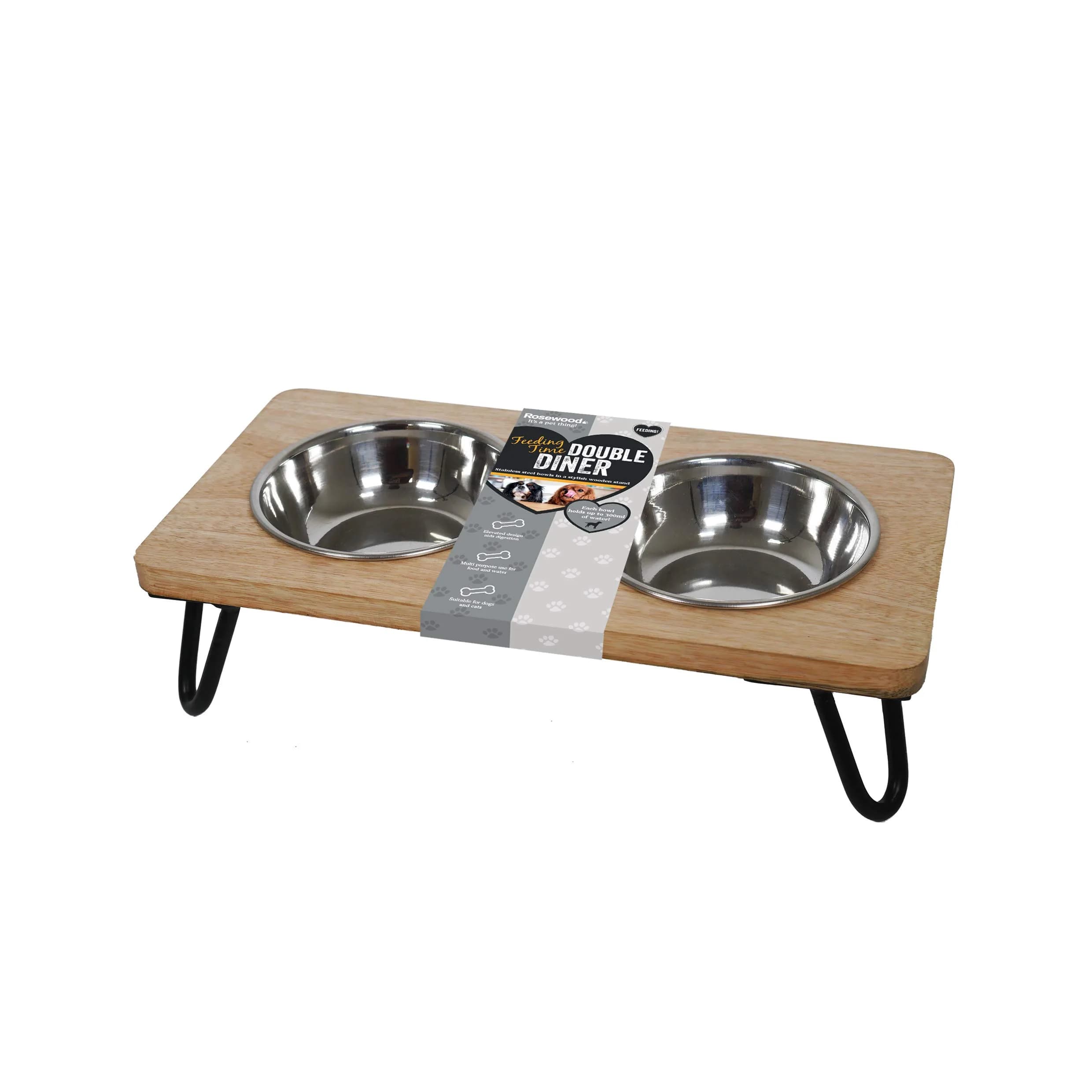 Rosewood Raised Wood Dog Bowl for Medium Dogs & Cats | Nordic Style Elevated Stand, Stainless Steel Bowls (Medium)