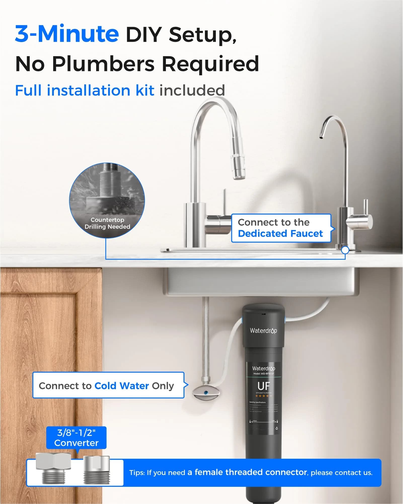 Waterdrop 15UB-UF Ultra Filtration Under Sink Water Filter System with Dedicated Faucet 19000 Gallons | Reduces Lead, Chlorine, Taste & Odor - view 7