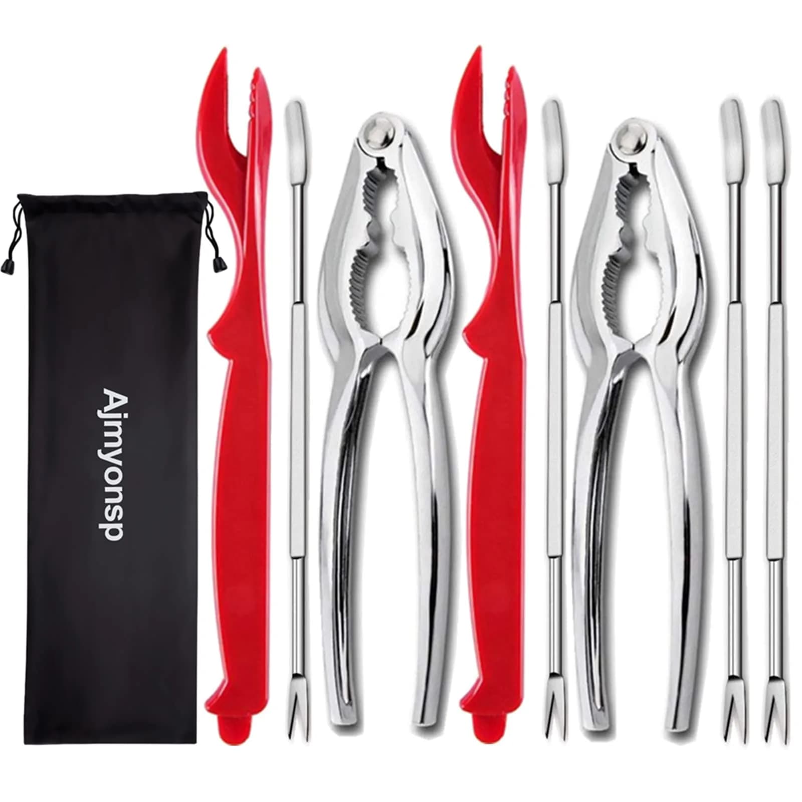 Ajmyonsp Red+Silver 8-Piece Seafood Cracker and Picks Set - Heavy Duty Stainless Steel Nut Cracker & Lobster Tool - main product image