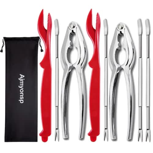 Ajmyonsp Seafood Crackers and Picks Set 8-Piece Stainless Steel & Zinc Alloy | Heavy Duty Nut Cracker & Lobster Tool Set — Red+Silver / 8