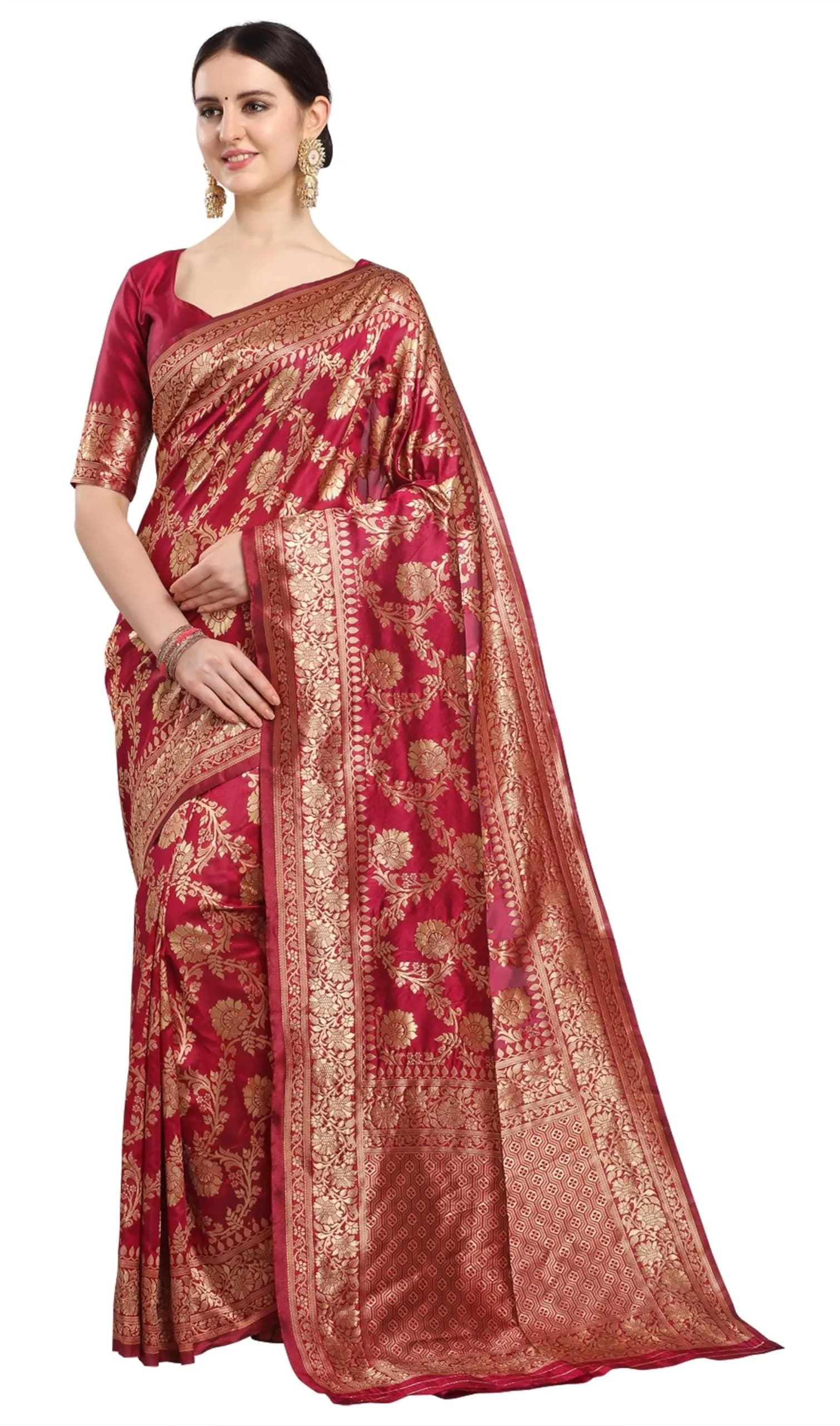 EthnicJunction Women's Banarasi Silk Jacquard Work Saree with Blouse Piece (Cherry Maroon), Maroon, 6 yards | Authentic Indian Weave - main product image
