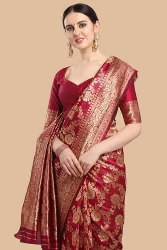 EthnicJunction Women's Banarasi Silk Jacquard Work Saree with Blouse Piece (Cherry Maroon), Maroon, 6 yards | Authentic Indian Weave thumbnail 4