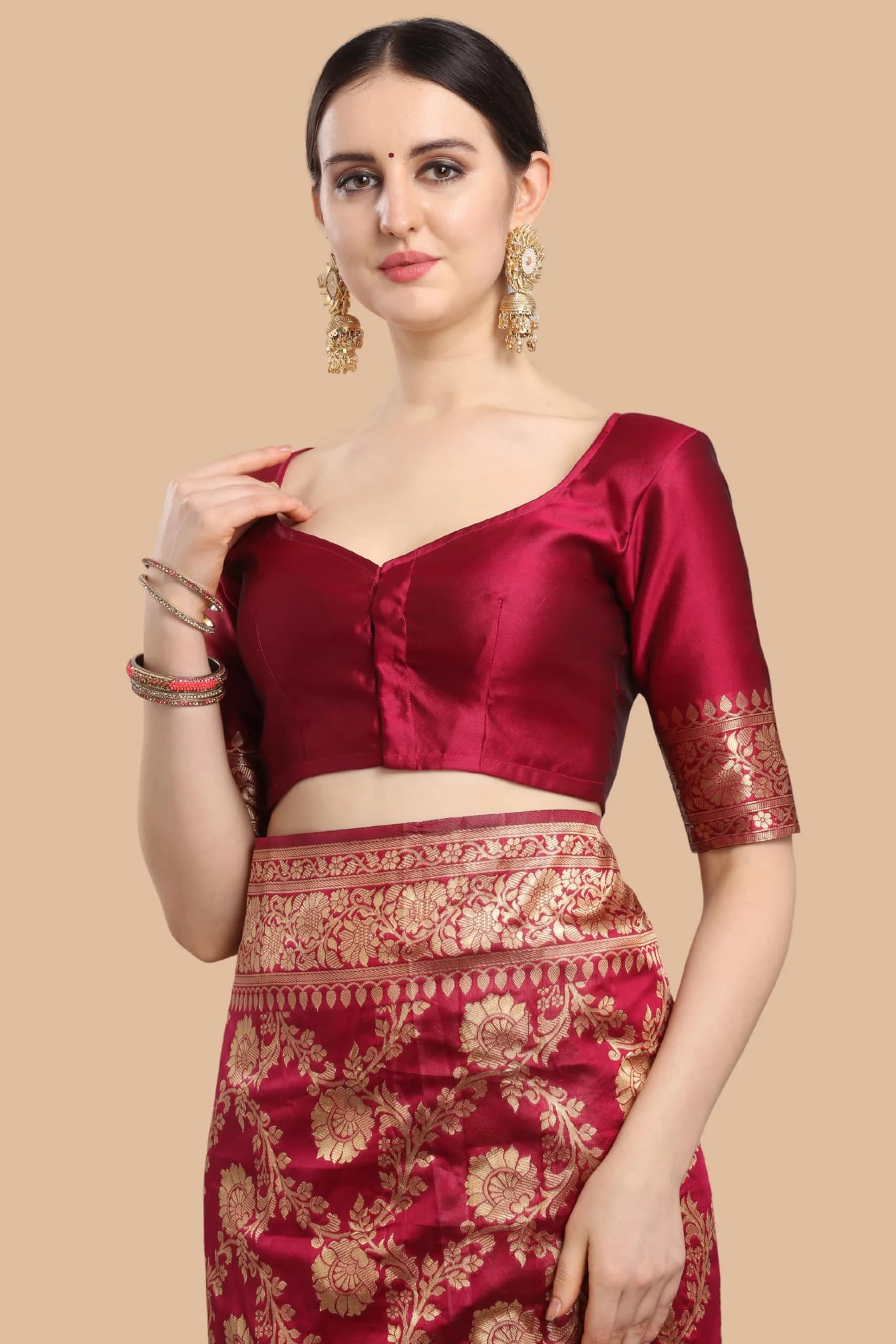 EthnicJunction Women's Banarasi Silk Jacquard Work Saree with Blouse Piece (Cherry Maroon), Maroon, 6 yards | Authentic Indian Weave - view 5
