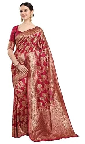 EthnicJunction Women's Banarasi Silk Jacquard Work Saree with Blouse Piece (Cherry Maroon), Maroon, 6 yards | Authentic Indian Weave thumbnail 1