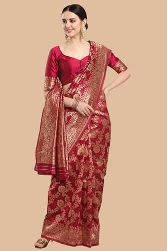 EthnicJunction Women's Banarasi Silk Jacquard Work Saree with Blouse Piece (Cherry Maroon), Maroon, 6 yards | Authentic Indian Weave thumbnail 2