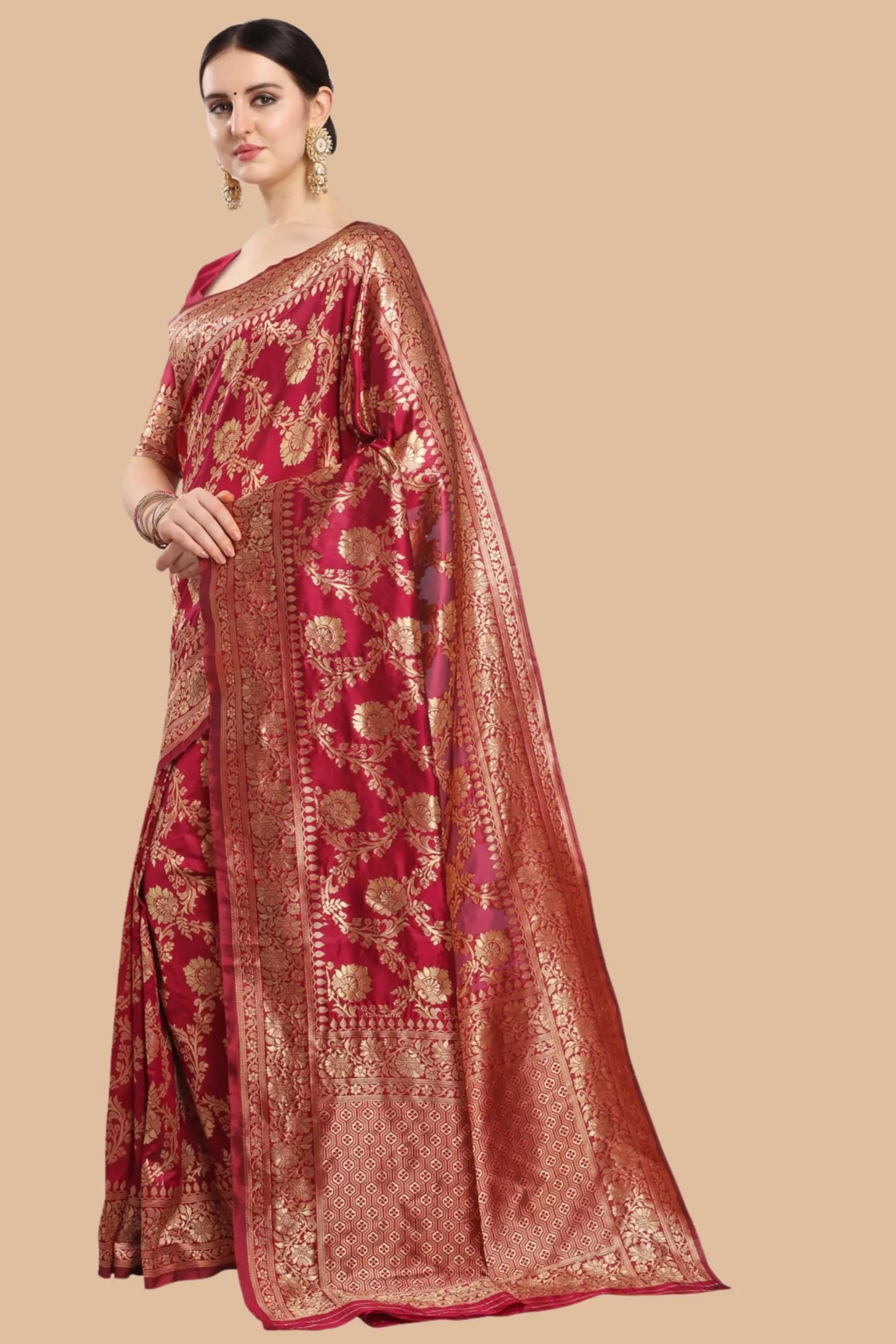 EthnicJunction Women's Banarasi Silk Jacquard Work Saree with Blouse Piece (Cherry Maroon), Maroon, 6 yards | Authentic Indian Weave - view 3