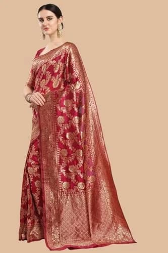 EthnicJunction Women's Banarasi Silk Jacquard Work Saree with Blouse Piece (Cherry Maroon), Maroon, 6 yards | Authentic Indian Weave thumbnail 3
