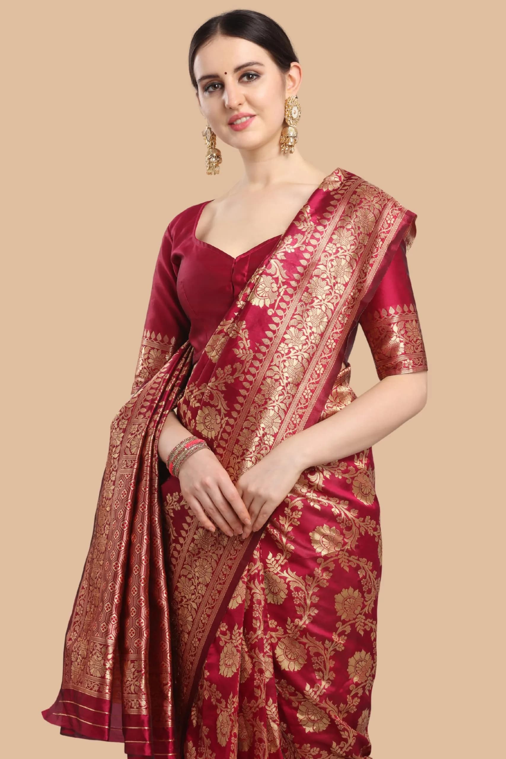 EthnicJunction Women's Banarasi Silk Jacquard Work Saree with Blouse Piece (Cherry Maroon), Maroon, 6 yards | Authentic Indian Weave - view 4