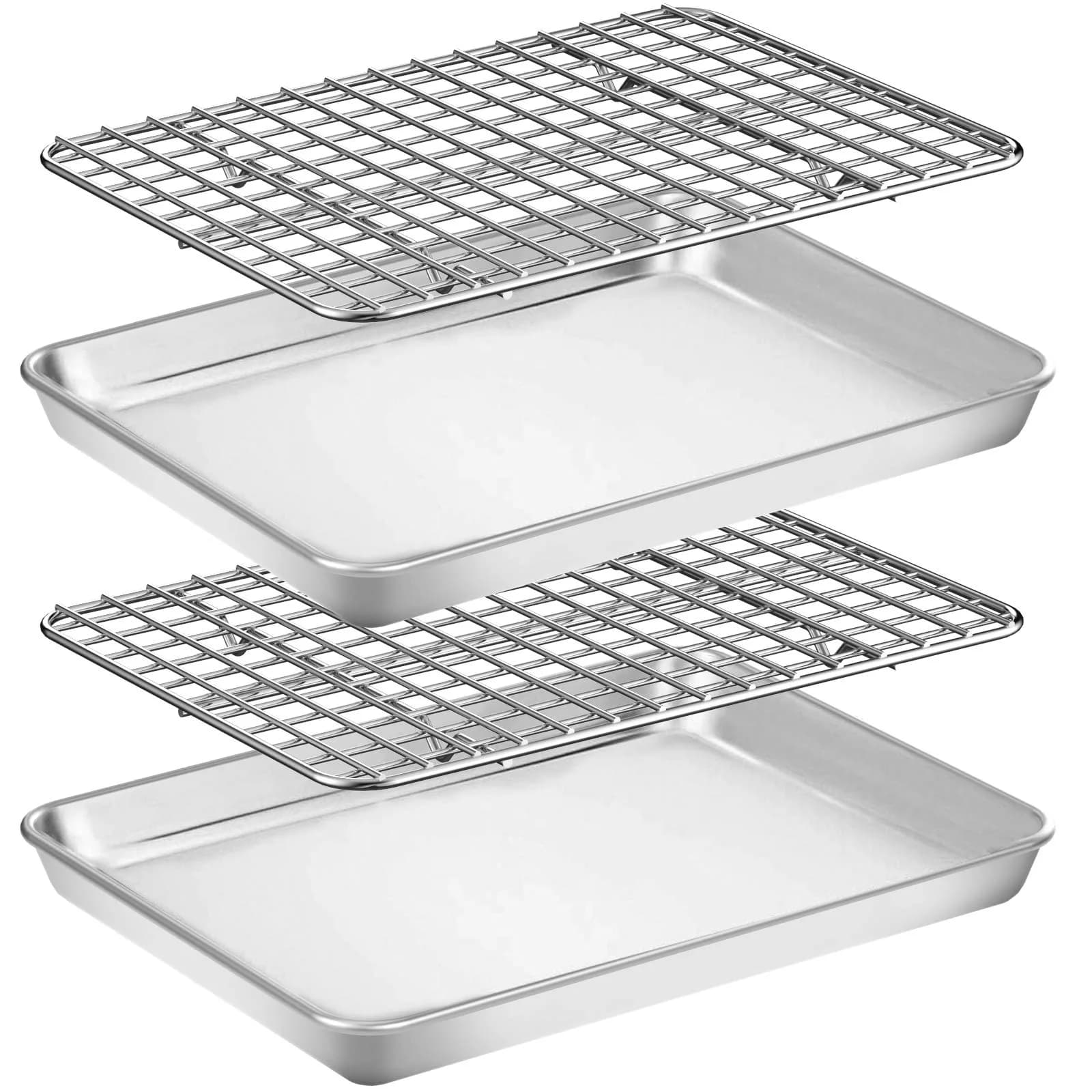 Wildone Stainless Steel Baking Sheet with Rack Set [2 Pans + 2 Racks] 22.86cm x 17.78cm x 2.54cm (9" x 7" x 1") | Heavy Duty Non-Toxic Bakeware — 9 x 7 x 1 inch