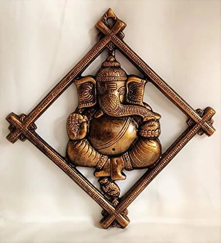 Akriti Brass Art Wares Metal Lord Ganesha Square Frame Wall Hanging Showpiece 32cm (Brown) | Antique Religious Wall Art thumbnail 1