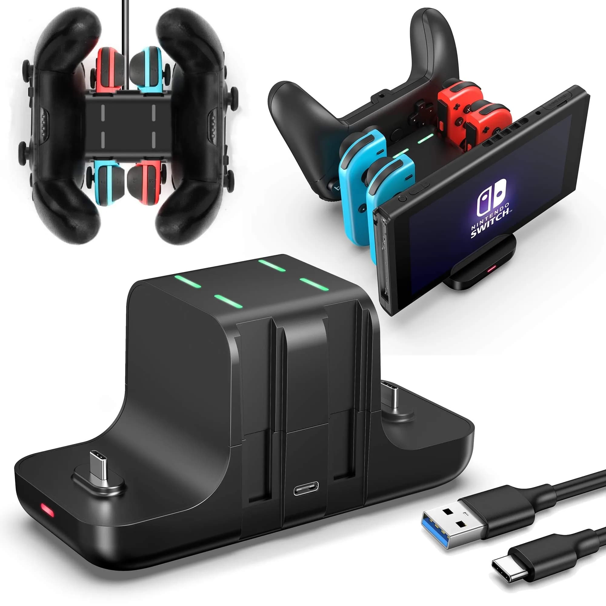 FANPL 6-in-1 Controller Charging Dock Station for Nintendo Switch & OLED Model & Lite with USB-C Cable | Charges 4 Joy-Cons & 2 Pro Controllers — 139.3mm * 60.3mm * 70mm