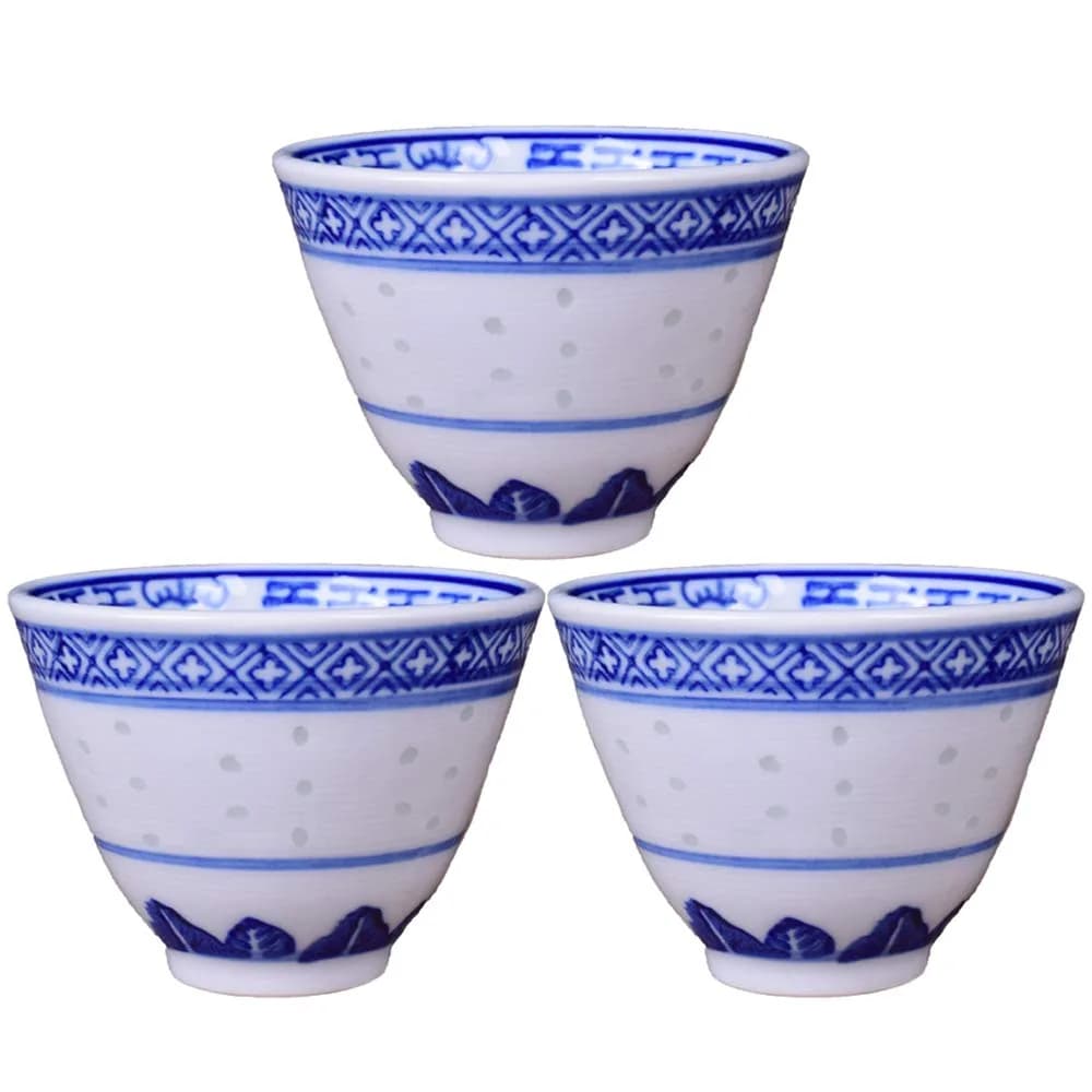 Woonsoon Bone China Tea Cup Set of 3 | 70 ml Traditional Blue-White Design