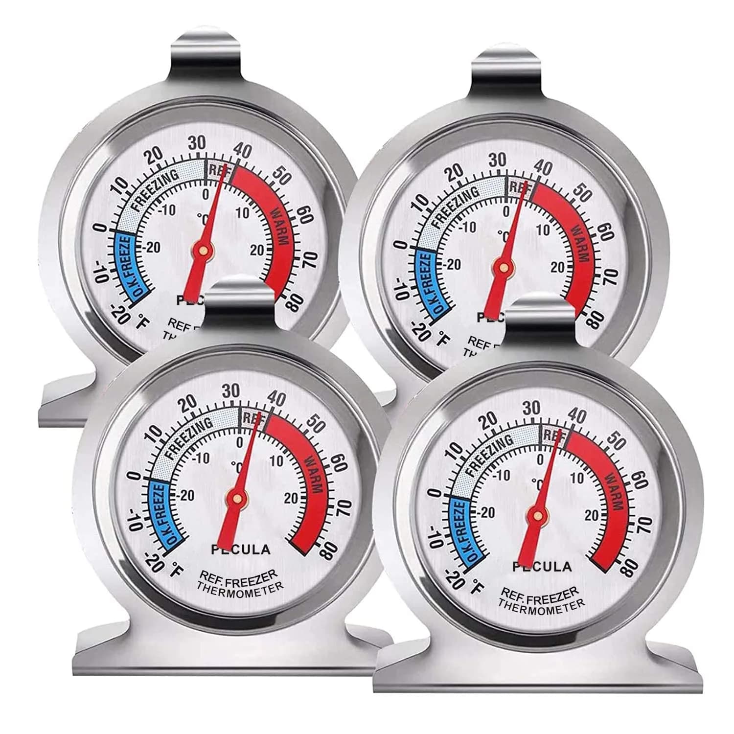 PECULA Classic Refrigerator Thermometer 4-Pack | Large Dial with Red Indicator for Freezers & Coolers - main product image