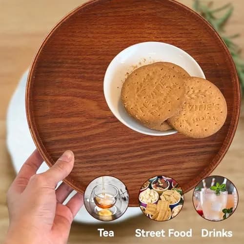 Agatige Round Wooden Serving Tray 21cm | Natural Wood Grain Decor for Home & Party thumbnail 5