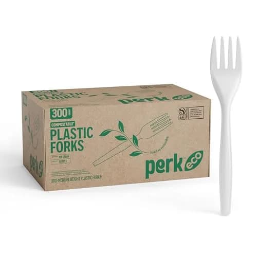 Perk Plastic Forks Mediumweight White 300-Count | Industrial Compostable Disposable Cutlery thumbnail 1