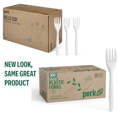 Perk Plastic Forks Mediumweight White 300-Count | Industrial Compostable Disposable Cutlery thumbnail 2