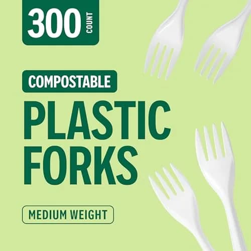 Perk Plastic Forks Mediumweight White 300-Count | Industrial Compostable Disposable Cutlery thumbnail 3