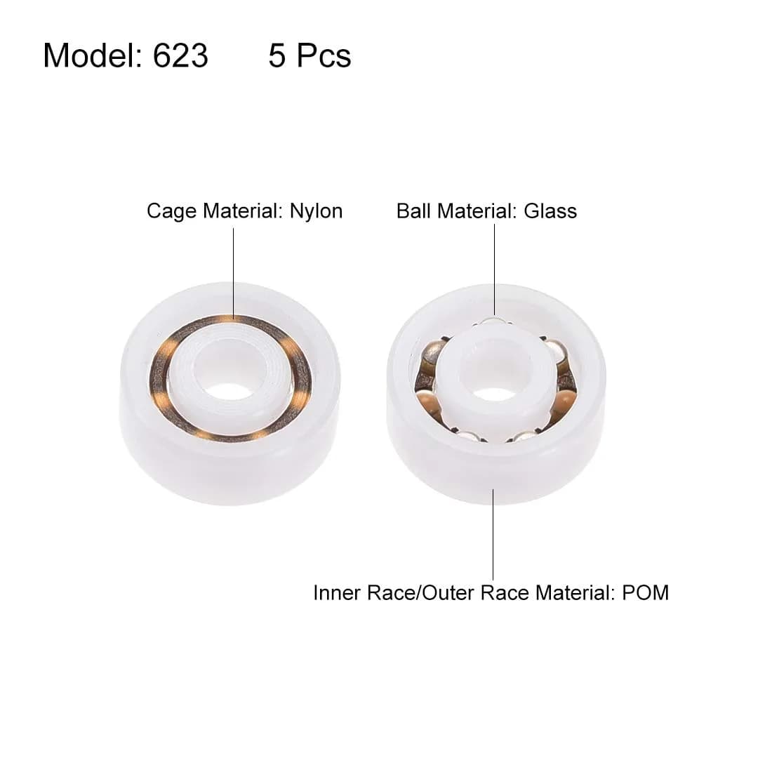 uxcell 623 Plastic Bearings 3x10x4mm Glass Ball Nylon Cage | Deep-Groove, High-Speed, Open-Type thumbnail 2