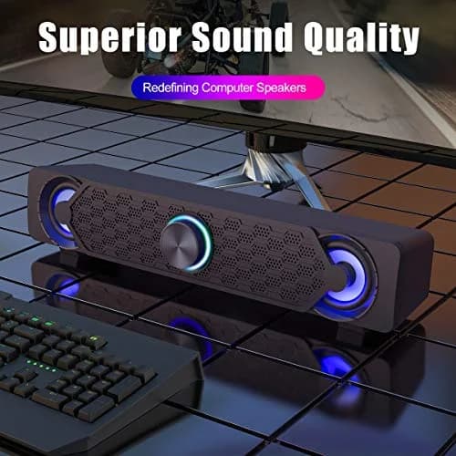 Smalody Mini Soundbar Computer Speakers | USB Powered Wired PC Speakers with Blue LED Lights thumbnail 4