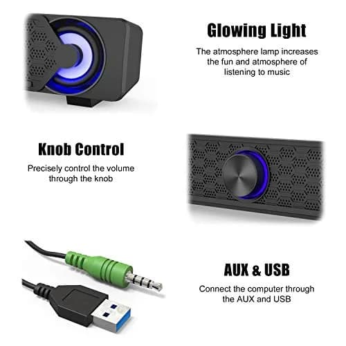 Smalody Mini Soundbar Computer Speakers | USB Powered Wired PC Speakers with Blue LED Lights thumbnail 6