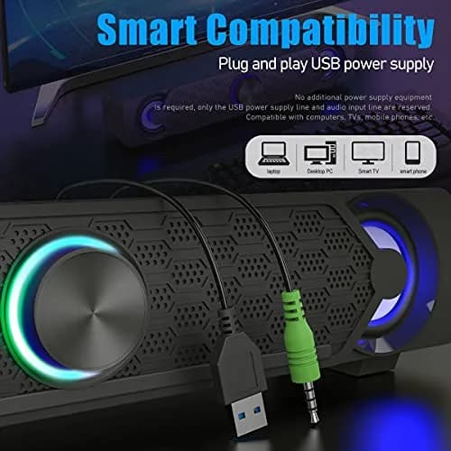 Smalody Mini Soundbar Computer Speakers | USB Powered Wired PC Speakers with Blue LED Lights thumbnail 3