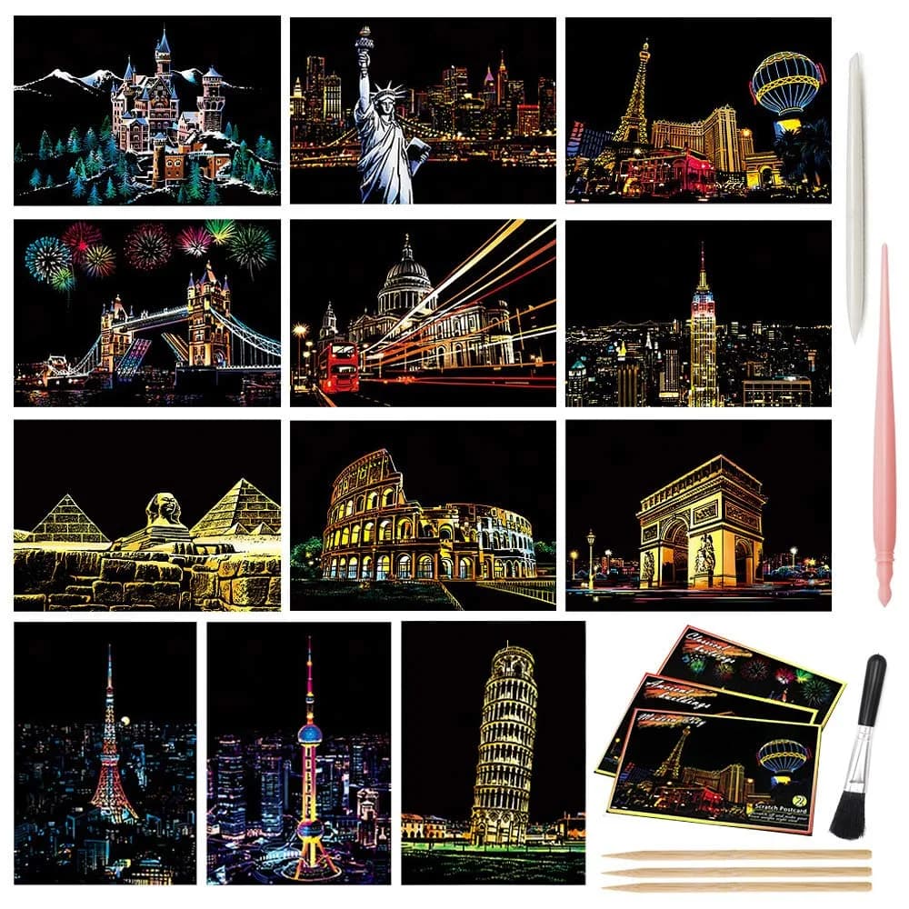 AP ARTSPER Rainbow Landscape Scratch Art Paper Set 7.9x5.5 Inch | 12 Sheets Postcard Cards & Drawing Pens - main product image