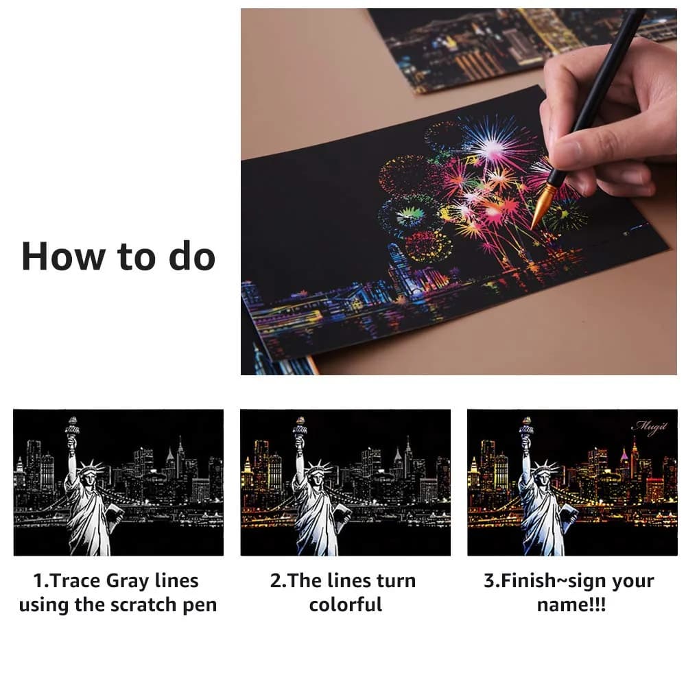 AP ARTSPER Rainbow Landscape Scratch Art Paper Set 7.9x5.5 Inch | 12 Sheets Postcard Cards & Drawing Pens - view 6