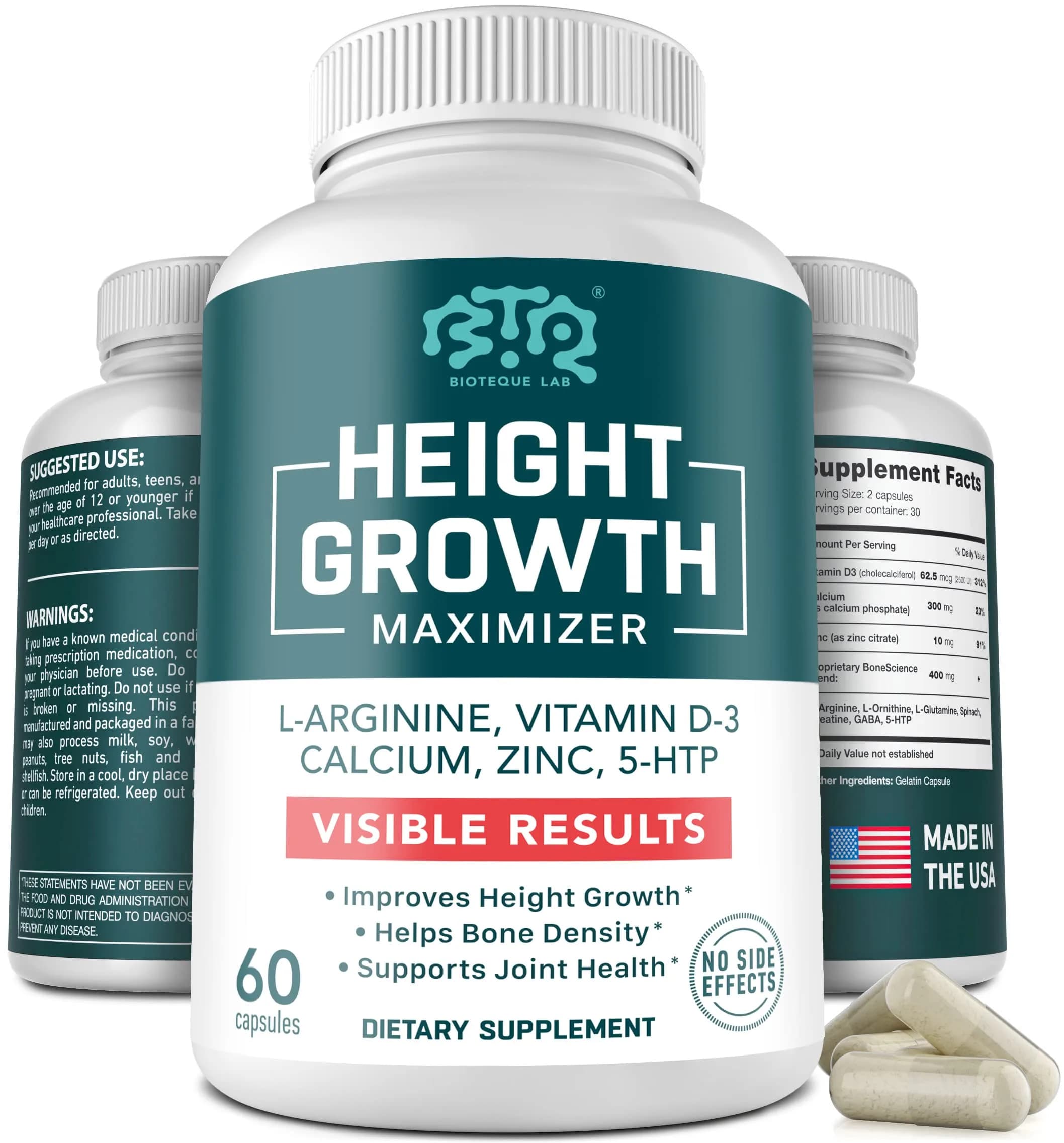 BTQ BIOTEQUE LAB Height Growth Maximizer, Calcium, Vitamin D3 & Zinc, 60 Caps | Bone & Height Support for Kids & Teens — White