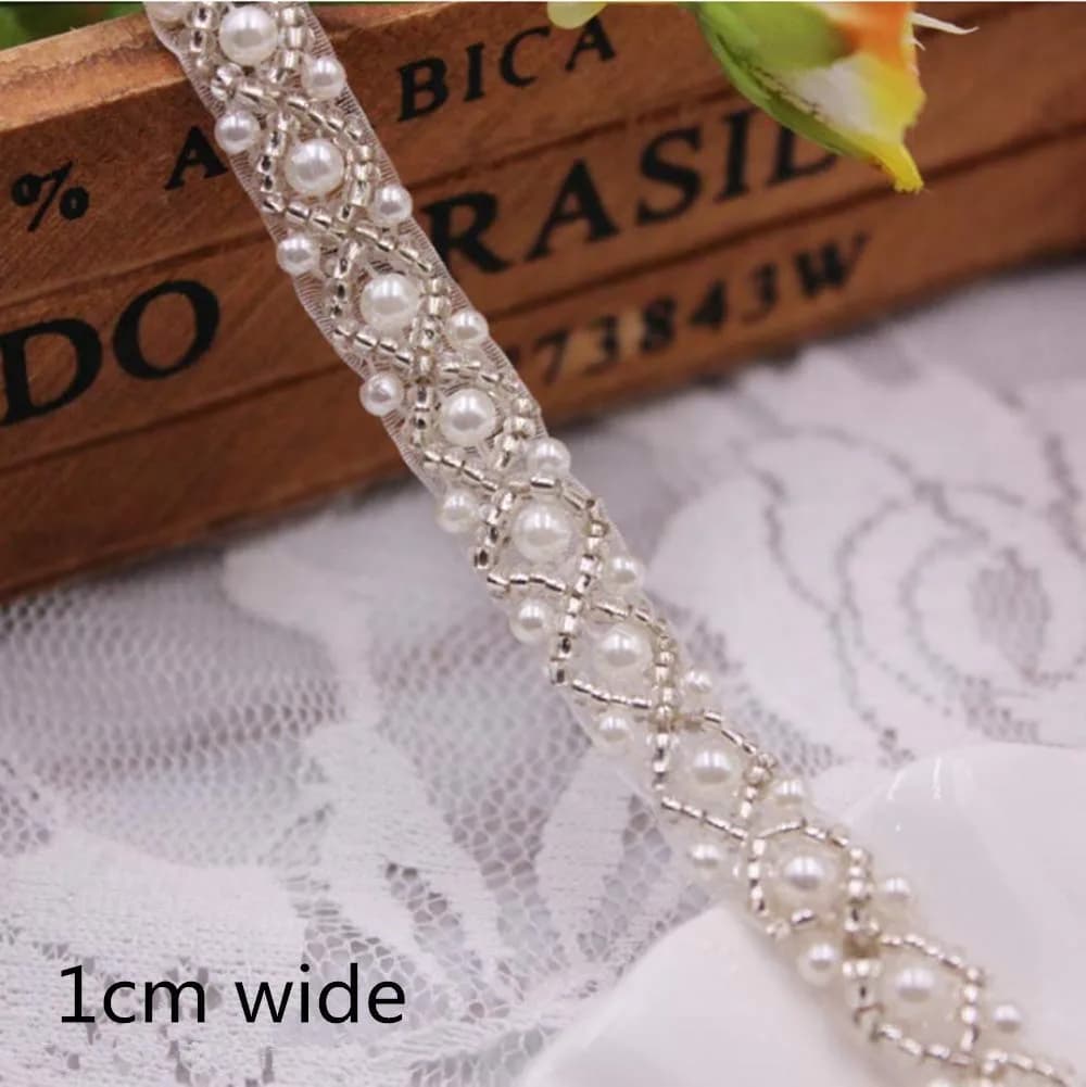 FQTANJU Crystal Rhinestone Applique Trim - 3 Yards, White Beaded Bridal Lace for Wedding Dresses, Gowns, Prom, Party & Formal Attire