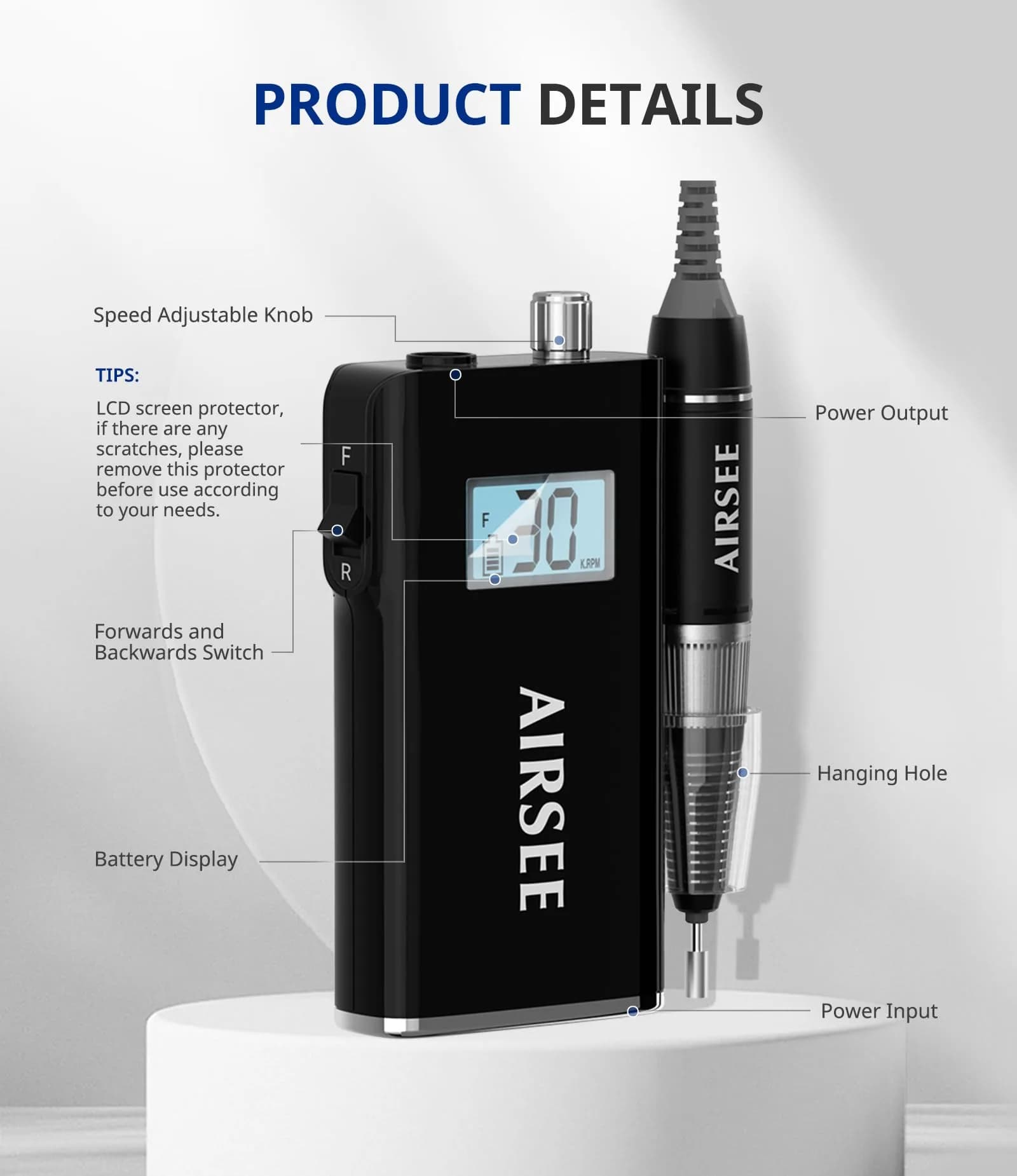 AIRSEE Rechargeable Electric Nail Drill 30000RPM E8 Black | Professional Portable E File Machine for Acrylic & Gel Nails - view 2