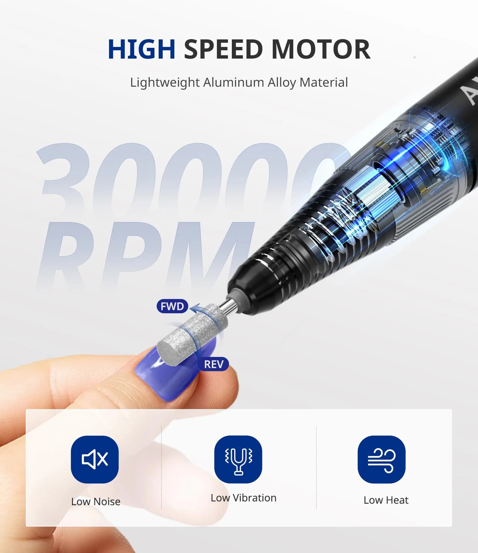 AIRSEE Rechargeable Electric Nail Drill 30000RPM E8 Black | Professional Portable E File Machine for Acrylic & Gel Nails - view 3