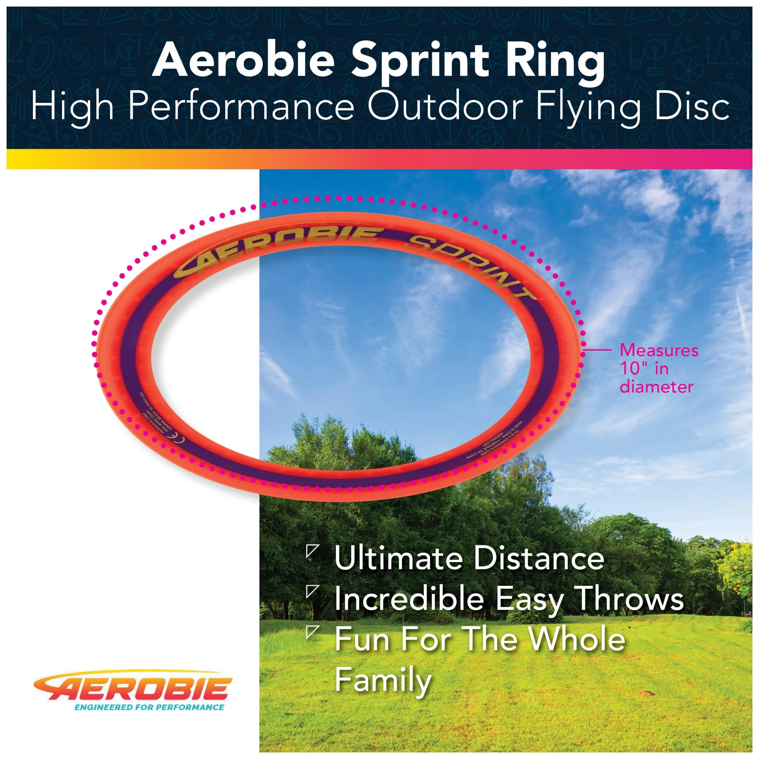 Aerobie Sprint Ring Flying Disc 10 Inches (25.4 cm) Orange | Long Distance Outdoor Toy - view 2