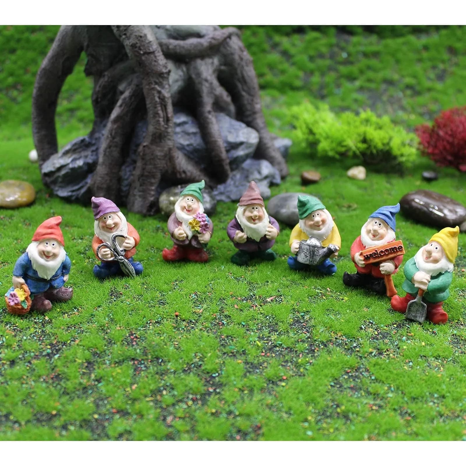 HONEYSHOW Fairy Garden Accessories Mini Gnome Resin Figurines Set 7Pcs | Hand-Painted Waterproof Decor for Pots & Terrariums