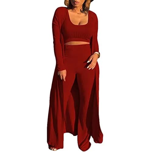 HANMAX Women's Tracksuit Winter Autumn Knitted Long-sleeved Blazer Coat Tank Long Pants 3-Piece Set Wine Red | Elastic, Cotton-Spandex Blend thumbnail 1