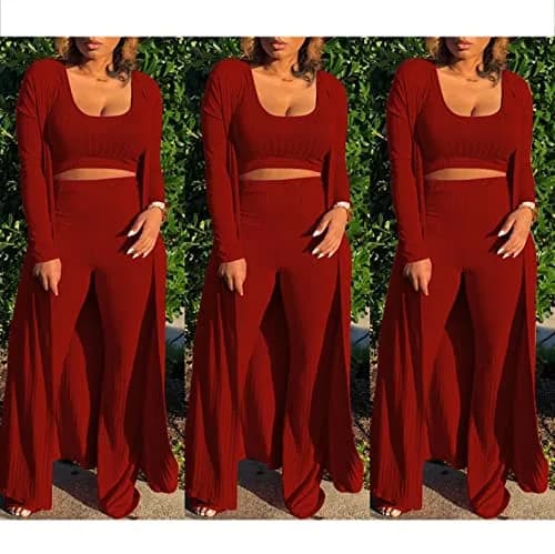 HANMAX Women's Tracksuit Winter Autumn Knitted Long-sleeved Blazer Coat Tank Long Pants 3-Piece Set Wine Red | Elastic, Cotton-Spandex Blend thumbnail 4