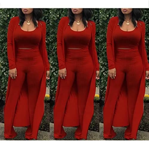 HANMAX Women's Tracksuit Winter Autumn Knitted Long-sleeved Blazer Coat Tank Long Pants 3-Piece Set Wine Red | Elastic, Cotton-Spandex Blend thumbnail 5