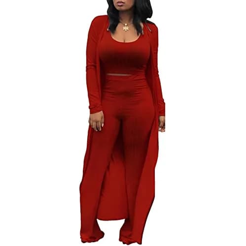 HANMAX Women's Tracksuit Winter Autumn Knitted Long-sleeved Blazer Coat Tank Long Pants 3-Piece Set Wine Red | Elastic, Cotton-Spandex Blend thumbnail 2