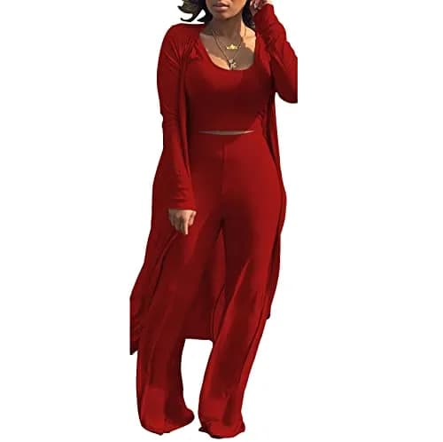 HANMAX Women's Tracksuit Winter Autumn Knitted Long-sleeved Blazer Coat Tank Long Pants 3-Piece Set Wine Red | Elastic, Cotton-Spandex Blend thumbnail 3