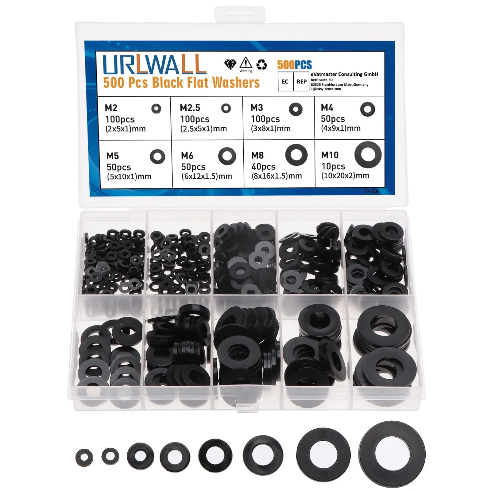 URLWALL 500 Black Nylon Flat Washers Assortment Set M2-M10 | Protects Parts & Screws - main product image