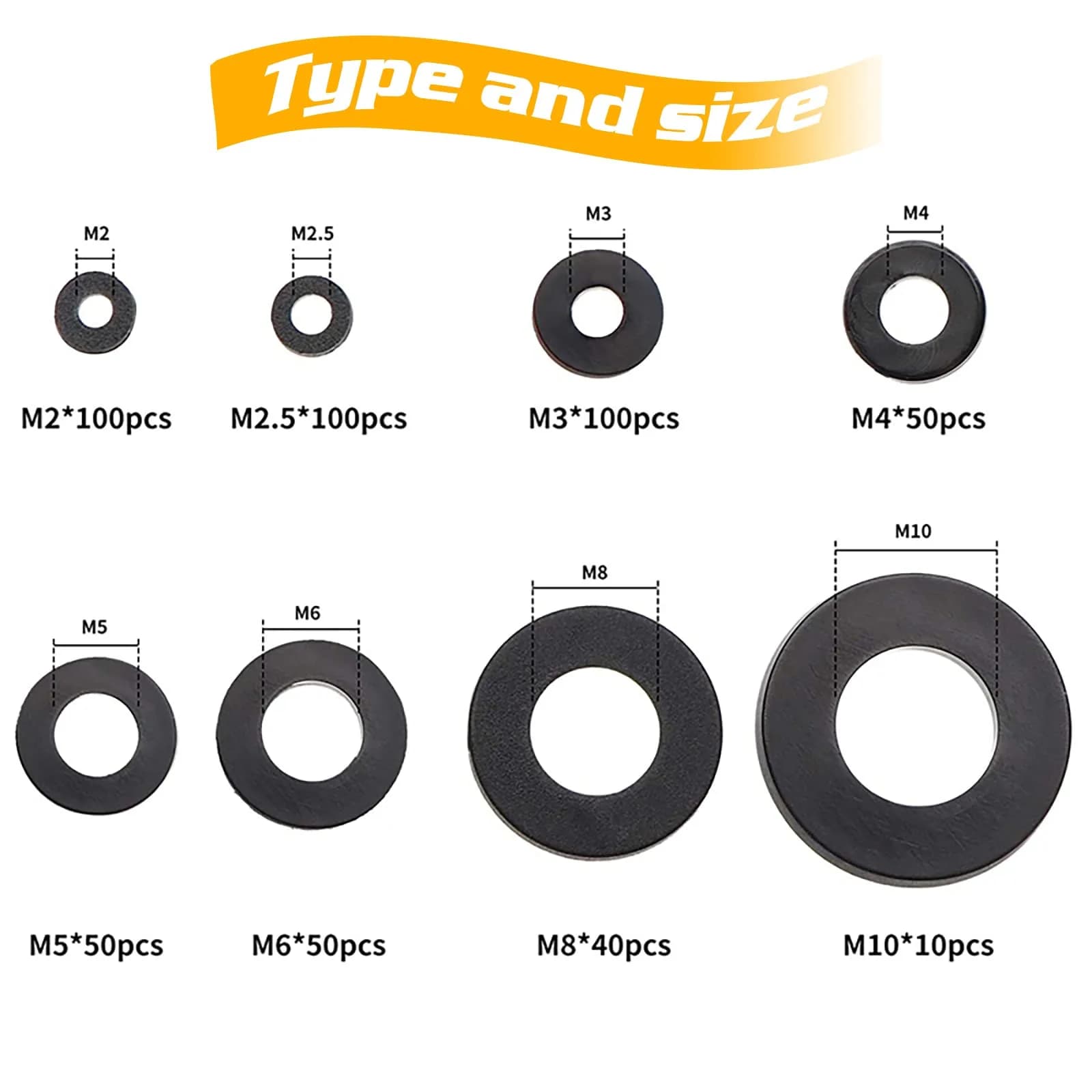 URLWALL 500 Black Nylon Flat Washers Assortment Set M2-M10 | Protects Parts & Screws - view 2