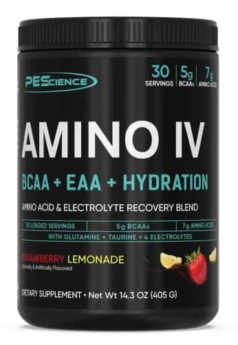 PEScience Amino IV BCAA & EAA Powder, Strawberry Lemonade | 30 Servings, Vegan, Gluten-Free, Hydration Support thumbnail 1