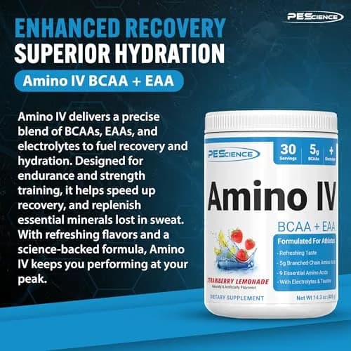 PEScience Amino IV BCAA & EAA Powder, Strawberry Lemonade | 30 Servings, Vegan, Gluten-Free, Hydration Support thumbnail 5